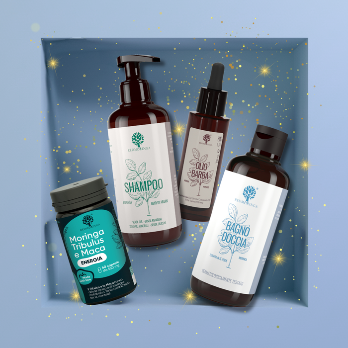 Set regalo uomo RedMoringa con prodotti naturali per la cura della barba e del corpo, idea regalo elegante per benessere e stile maschile.